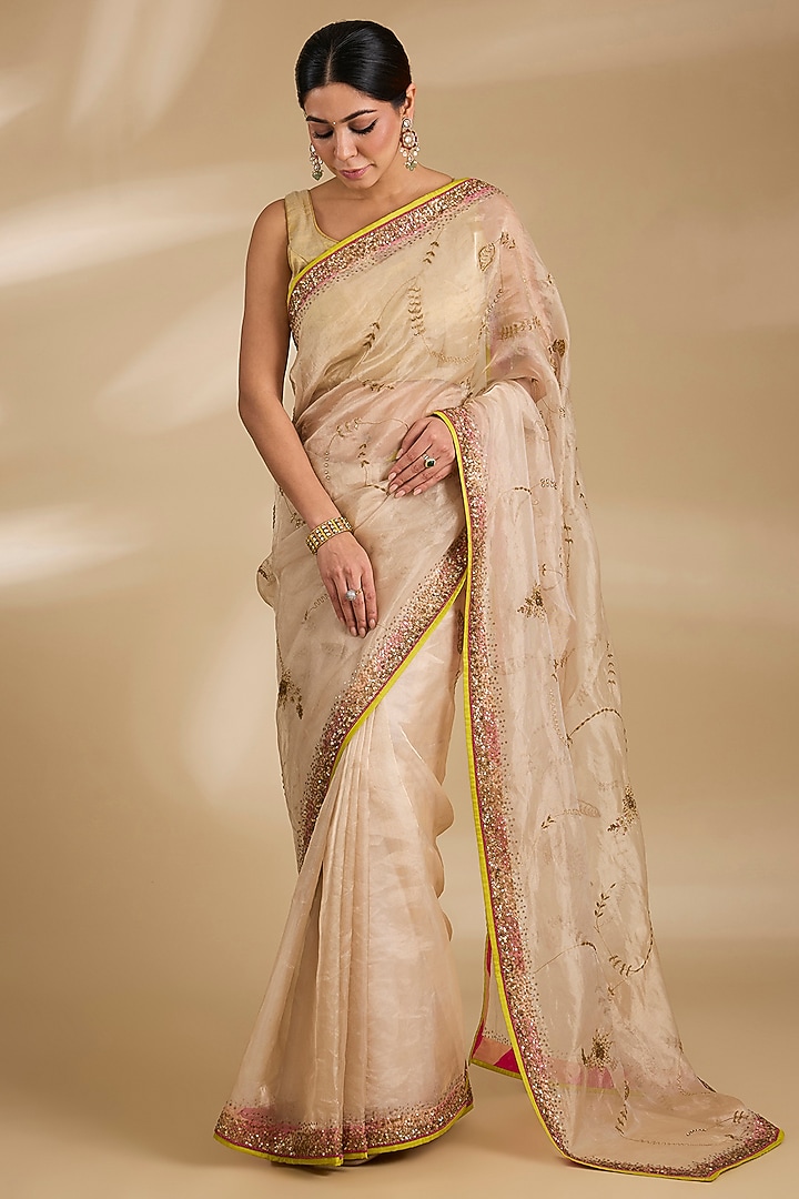 Ivory Tissue Organza Hand Embroidered Wedding Saree Set by Raji ramniq at Pernia's Pop Up Shop