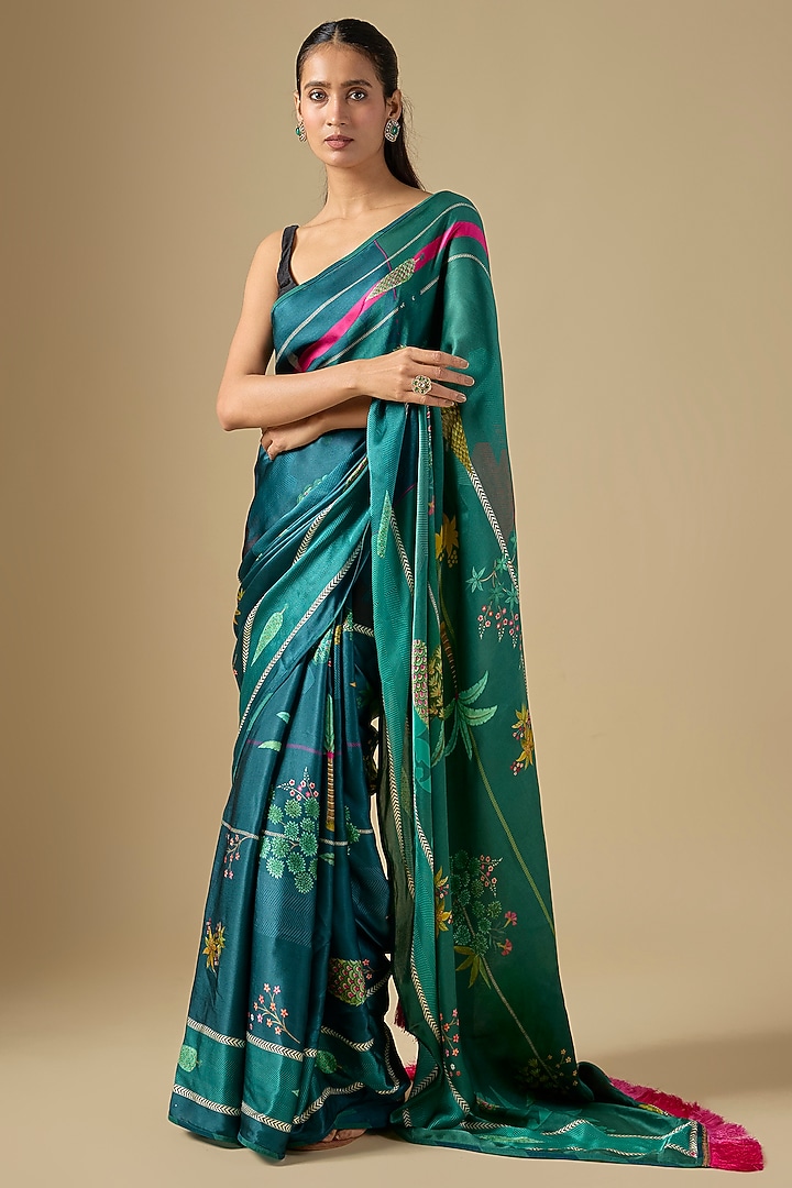 Multi-Colored Dual-Tone Satin Crepe Printed Party Wear Saree Set by Raji ramniq at Pernia's Pop Up Shop