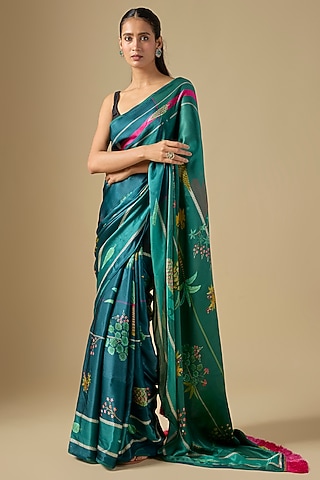 Multi-Colored Dual-Tone Satin Crepe Printed Saree Set by Raji ramniq