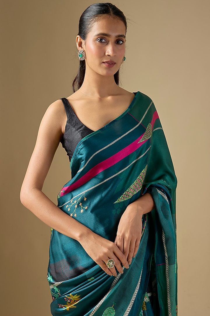 Multi-Colored Dual-Tone Satin Crepe Printed Party Wear Saree Set by Raji ramniq at Pernia's Pop Up Shop