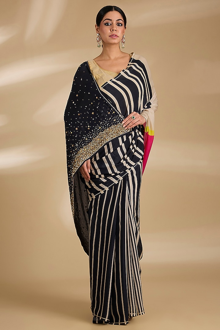 Black & White Crepe Striped Wedding Saree Set by Raji ramniq at Pernia's Pop Up Shop