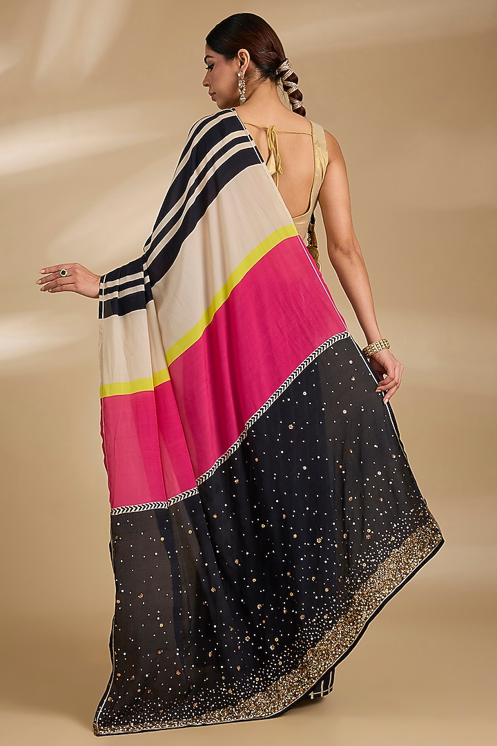 Black & White Crepe Striped Wedding Saree Set by Raji ramniq at Pernia's Pop Up Shop