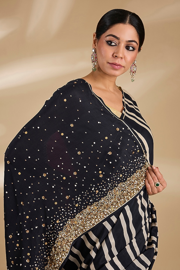 Black & White Crepe Striped Wedding Saree Set by Raji ramniq at Pernia's Pop Up Shop