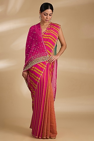 Multi-Colored Crepe Striped Saree Set by Raji ramniq