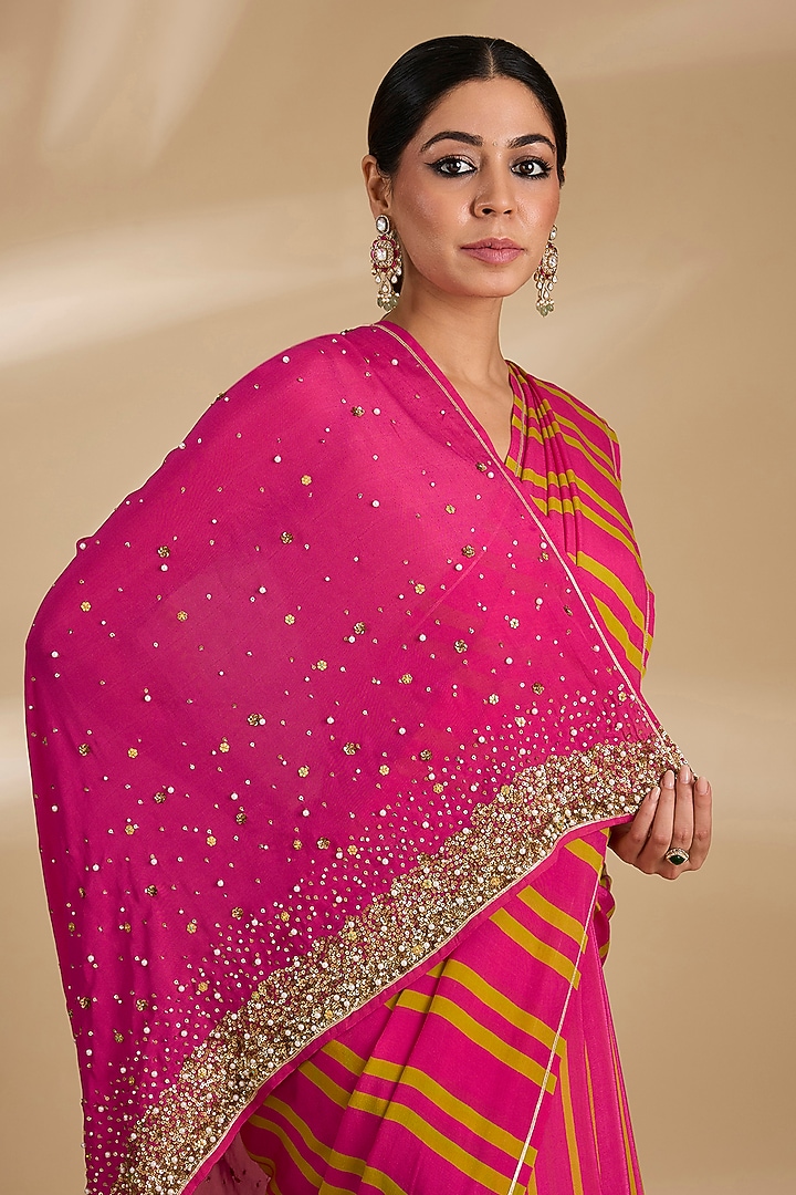 Multi-Colored Crepe Striped Wedding Saree Set by Raji ramniq at Pernia's Pop Up Shop