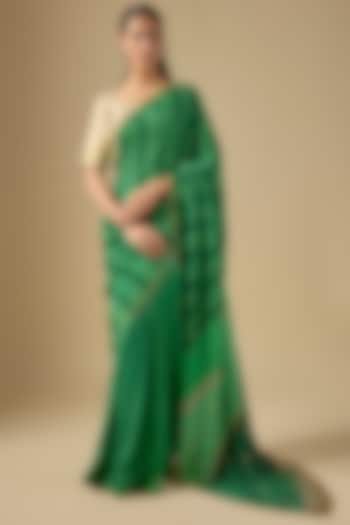 Green Crepe Striped Pleated Wedding Saree Set by Raji ramniq at Pernia's Pop Up Shop