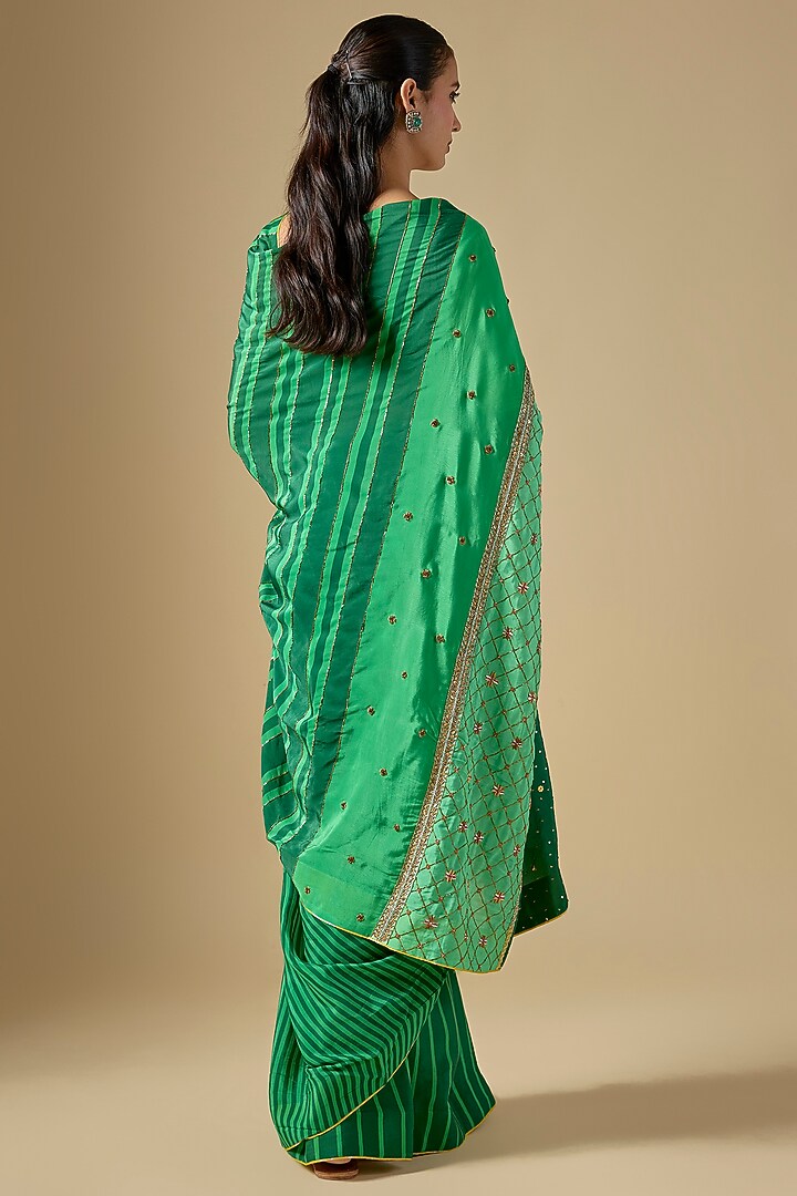 Green Crepe Striped Pleated Wedding Saree Set by Raji ramniq at Pernia's Pop Up Shop