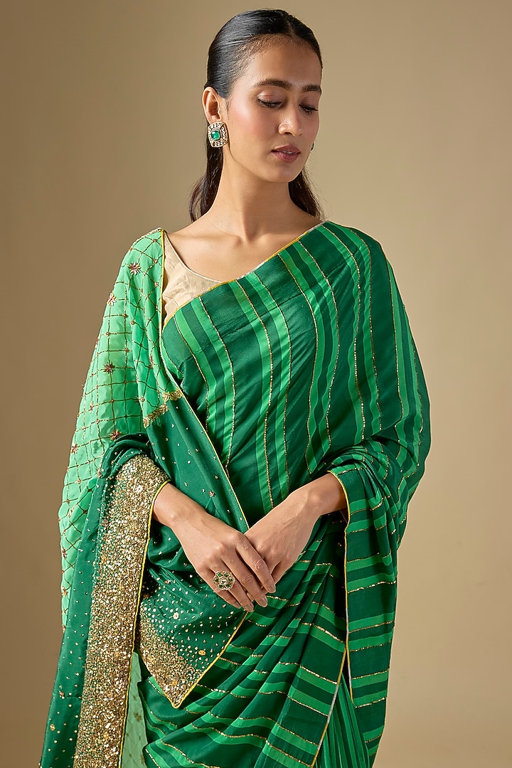 Green Crepe Striped Pleated Wedding Saree Set by Raji ramniq at Pernia's Pop Up Shop