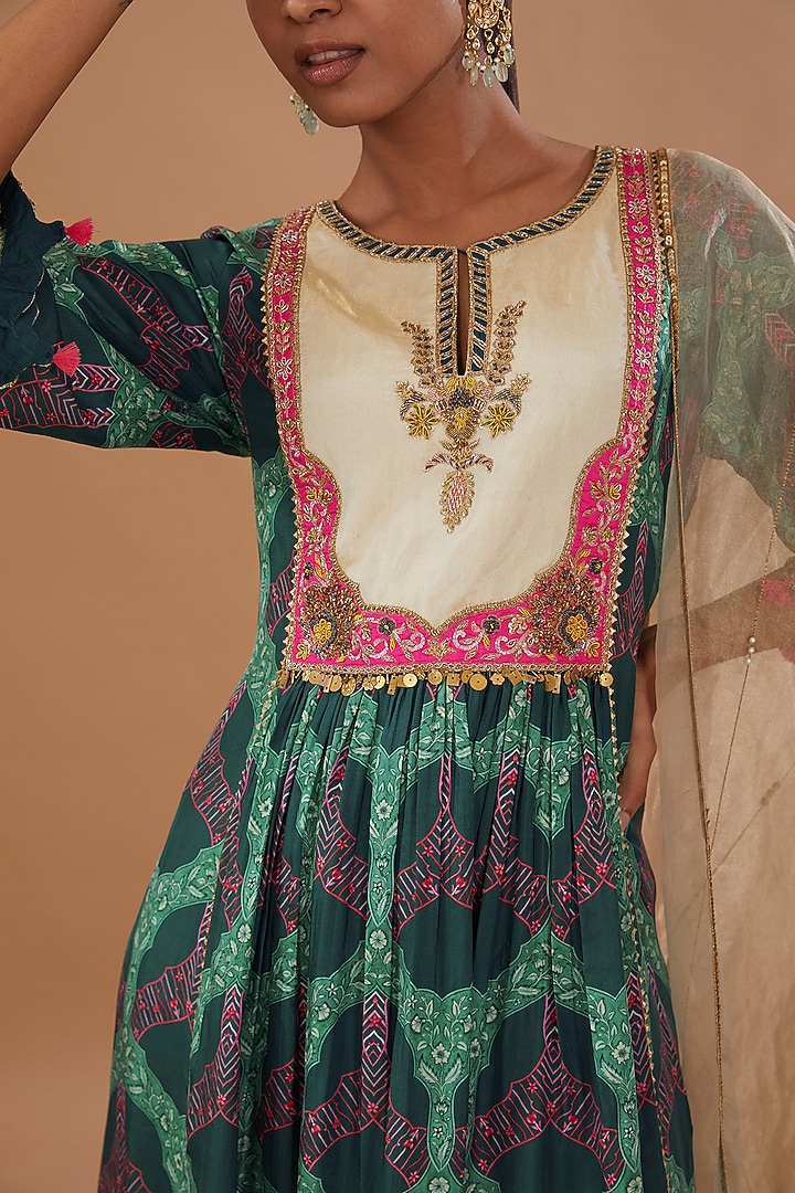Teal Green Silk Hand Embroidered Kurta Set by Raji ramniq at Pernia's Pop Up Shop
