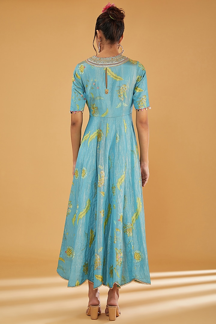 Moonlight Blue Tissue Silk Printed Wedding Anarkali Set by Raji Ramniq at Pernia's Pop Up Shop
