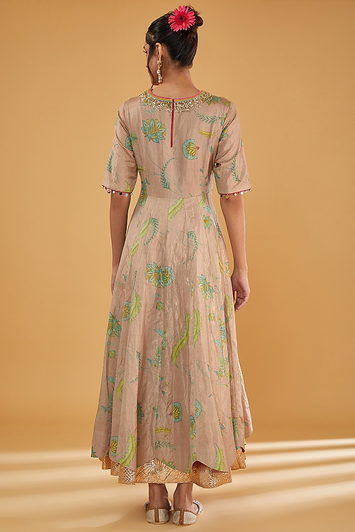 Nude Pink Tissue Silk Printed & Embroidered Wedding Anarkali Set by Raji Ramniq at Pernia's Pop Up Shop