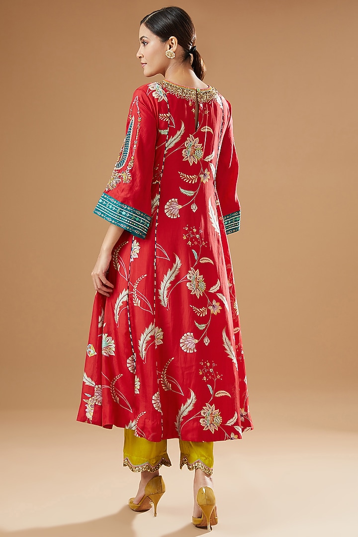 Red Silk Embroidered & Printed Kurta Set by Raji ramniq at Pernia's Pop Up Shop