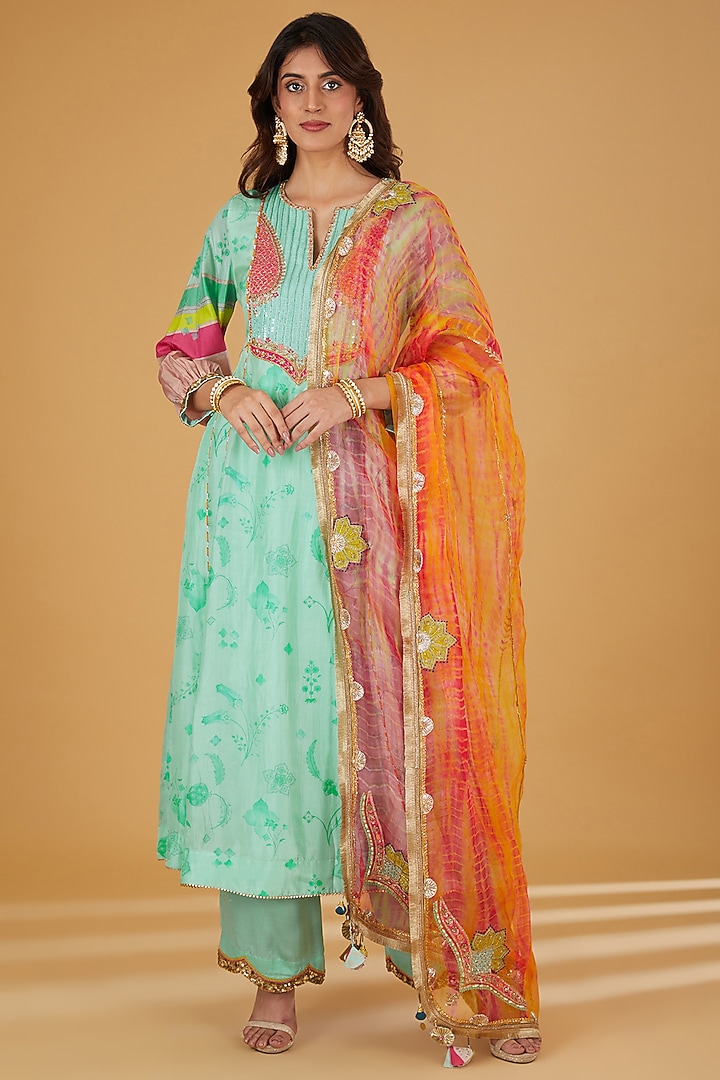 Sea Green Silk Hand Embroidered Kurta Set by Raji ramniq at Pernia's Pop Up Shop