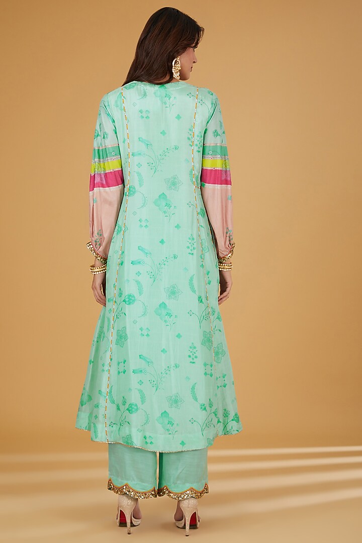 Sea Green Silk Hand Embroidered Kurta Set by Raji ramniq at Pernia's Pop Up Shop