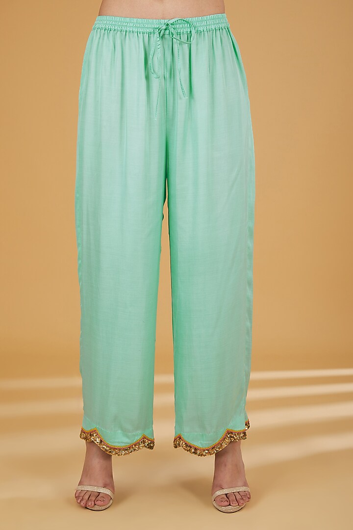 Sea Green Silk Hand Embroidered Kurta Set by Raji ramniq at Pernia's Pop Up Shop