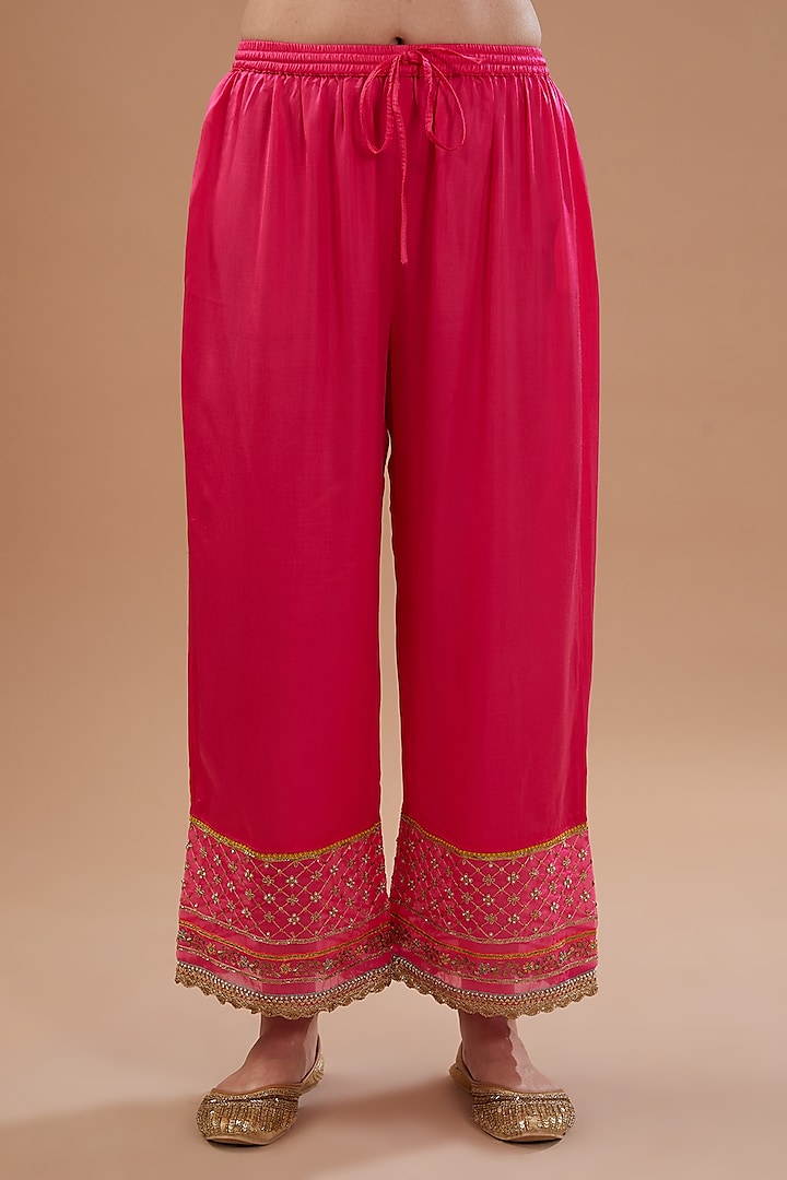 Magenta & Bright Lime Crepe Hand Embroidered Kurta Set by Raji ramniq at Pernia's Pop Up Shop