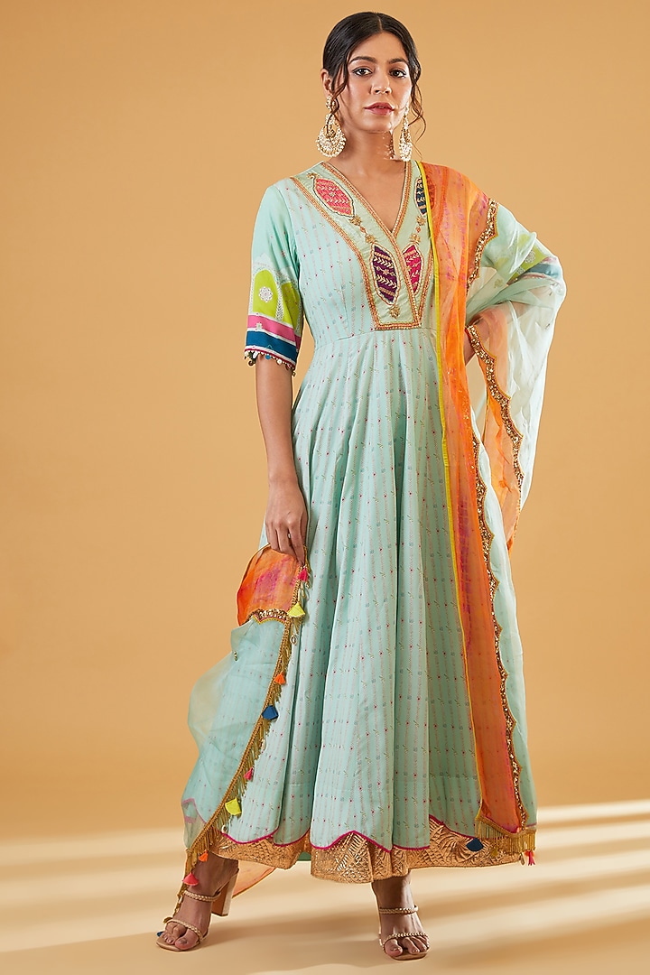 Powder Blue Crepe Tassels Embroidered Wedding Anarkali Set by Raji Ramniq at Pernia's Pop Up Shop