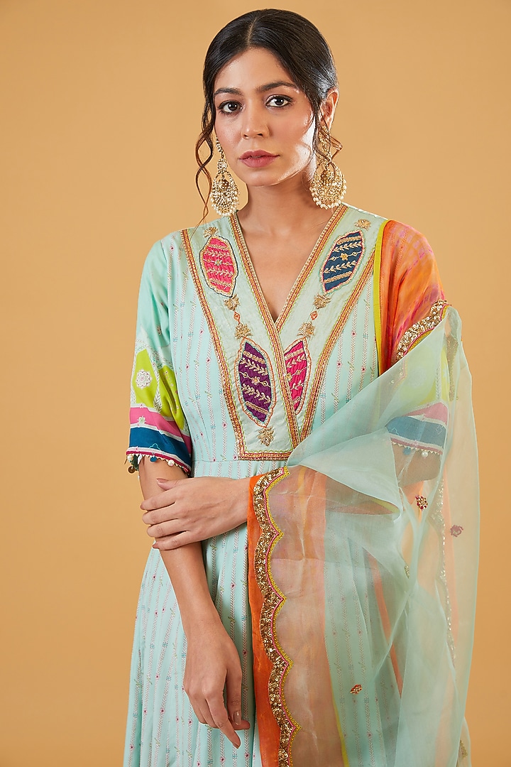 Powder Blue Crepe Tassels Embroidered Wedding Anarkali Set by Raji Ramniq at Pernia's Pop Up Shop