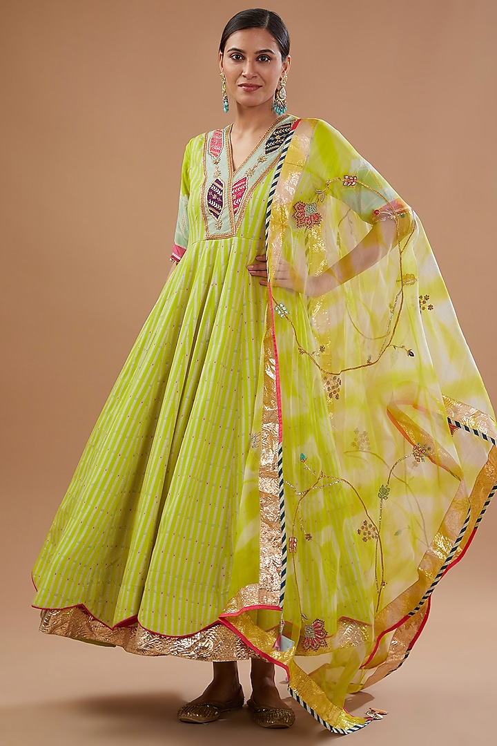 Bright Lime Crepe Printed & Hand Embroidered Wedding Anarkali Set by Raji ramniq at Pernia's Pop Up Shop