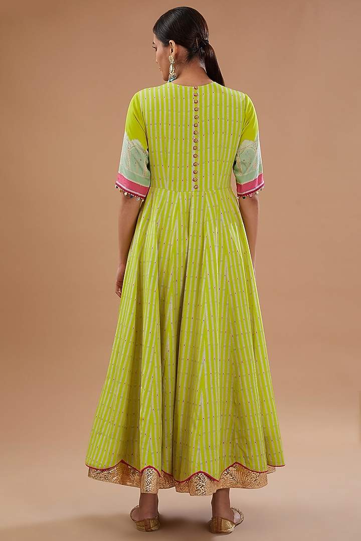 Bright Lime Crepe Printed & Hand Embroidered Wedding Anarkali Set by Raji ramniq at Pernia's Pop Up Shop