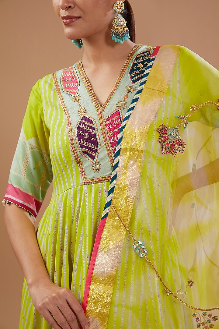 Bright Lime Crepe Printed & Hand Embroidered Wedding Anarkali Set by Raji ramniq at Pernia's Pop Up Shop