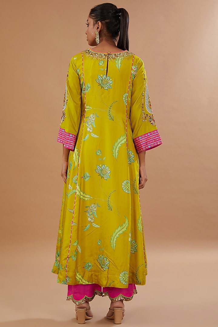 Lime Yellow Silk Printed & Embroidered Kurta Set by Raji ramniq at Pernia's Pop Up Shop