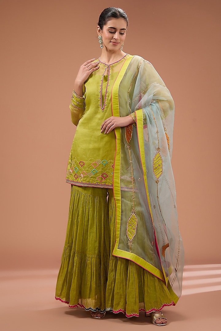 Green Tissue Chanderi Gharara Set by Raji Ramniq