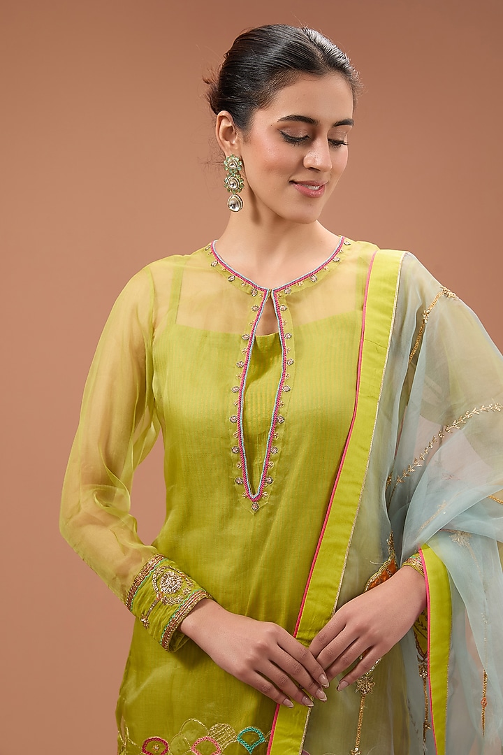 Green Tissue Chanderi Gharara Set by Raji Ramniq at Pernia's Pop Up Shop