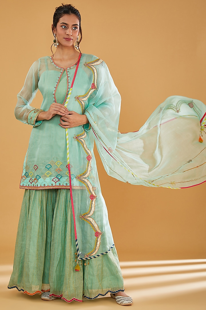 Powder Blue Organza Wedding Sharara Set by Raji Ramniq at Pernia's Pop Up Shop