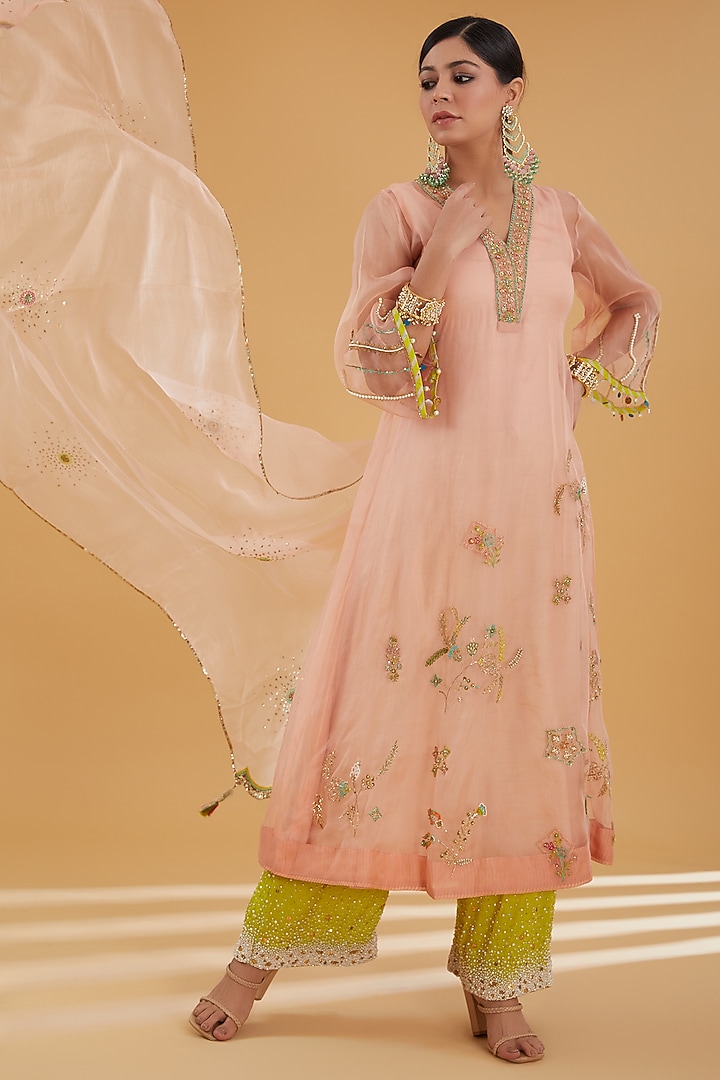 Nude Pink Organza Hand Embroidered Kurta Set by Raji Ramniq at Pernia's Pop Up Shop