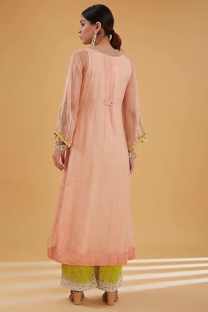 Nude Pink Organza Hand Embroidered Kurta Set by Raji Ramniq at Pernia's Pop Up Shop