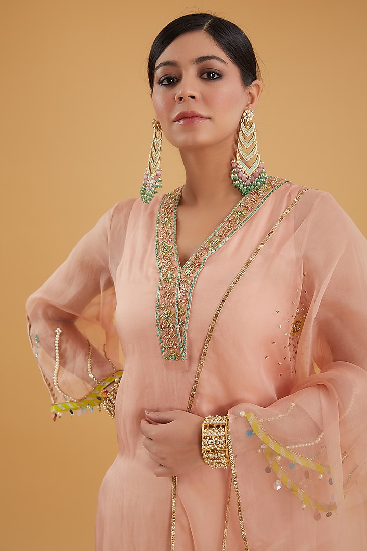 Nude Pink Organza Hand Embroidered Kurta Set by Raji Ramniq at Pernia's Pop Up Shop