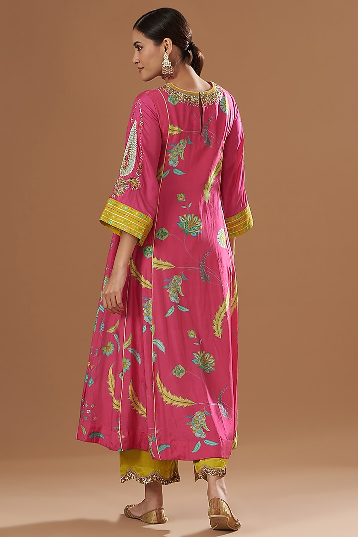 Hot Pink Silk Embroidered & Printed Kurta Set by Raji ramniq at Pernia's Pop Up Shop