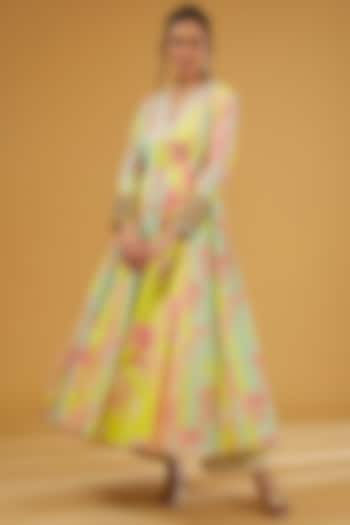 Lime Yellow & Powder Pink Crepe Hand Embroidered Front Slit Wedding Anarkali Set by Raji Ramniq at Pernia's Pop Up Shop