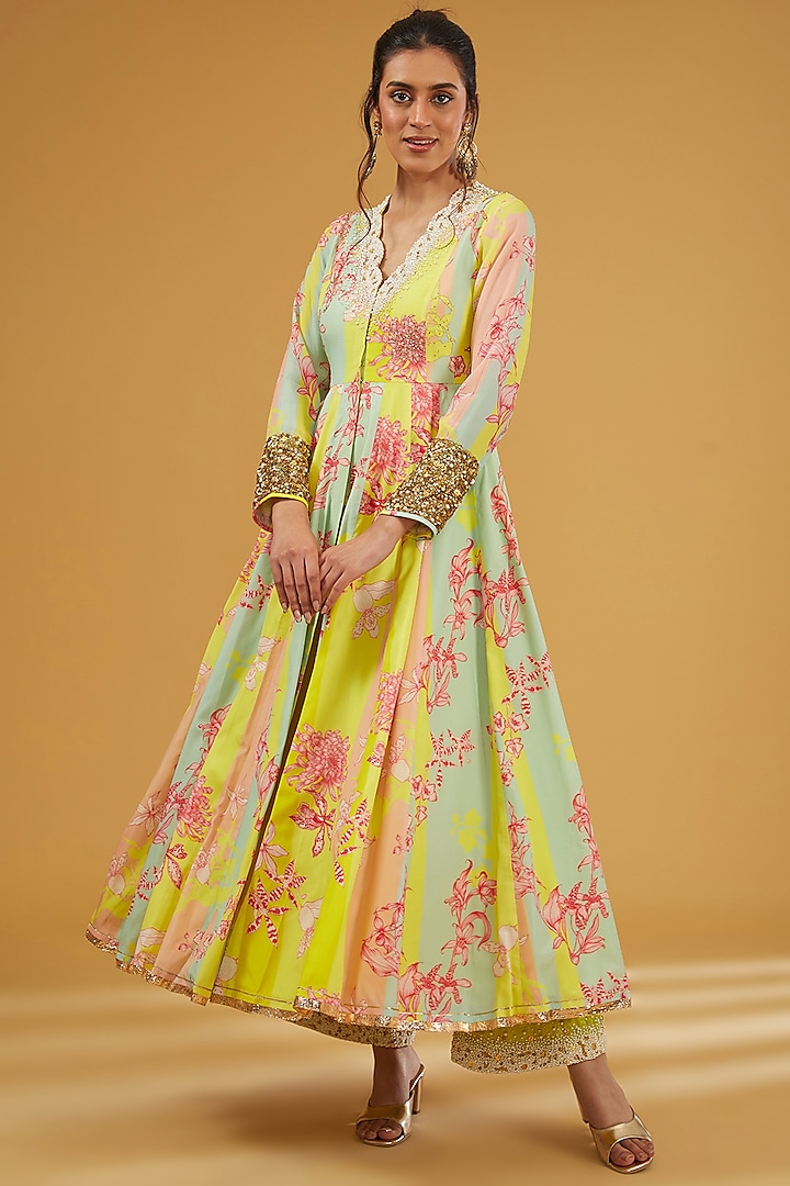 Lime Yellow & Powder Pink Crepe Hand Embroidered Front Slit Wedding Anarkali Set by Raji Ramniq at Pernia's Pop Up Shop