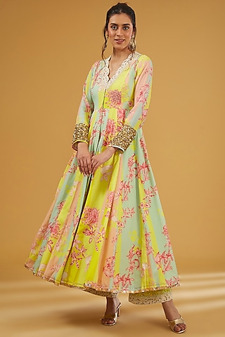 Lime Yellow & Powder Pink Crepe Hand Embroidered Front Slit Anarkali Set by Raji Ramniq