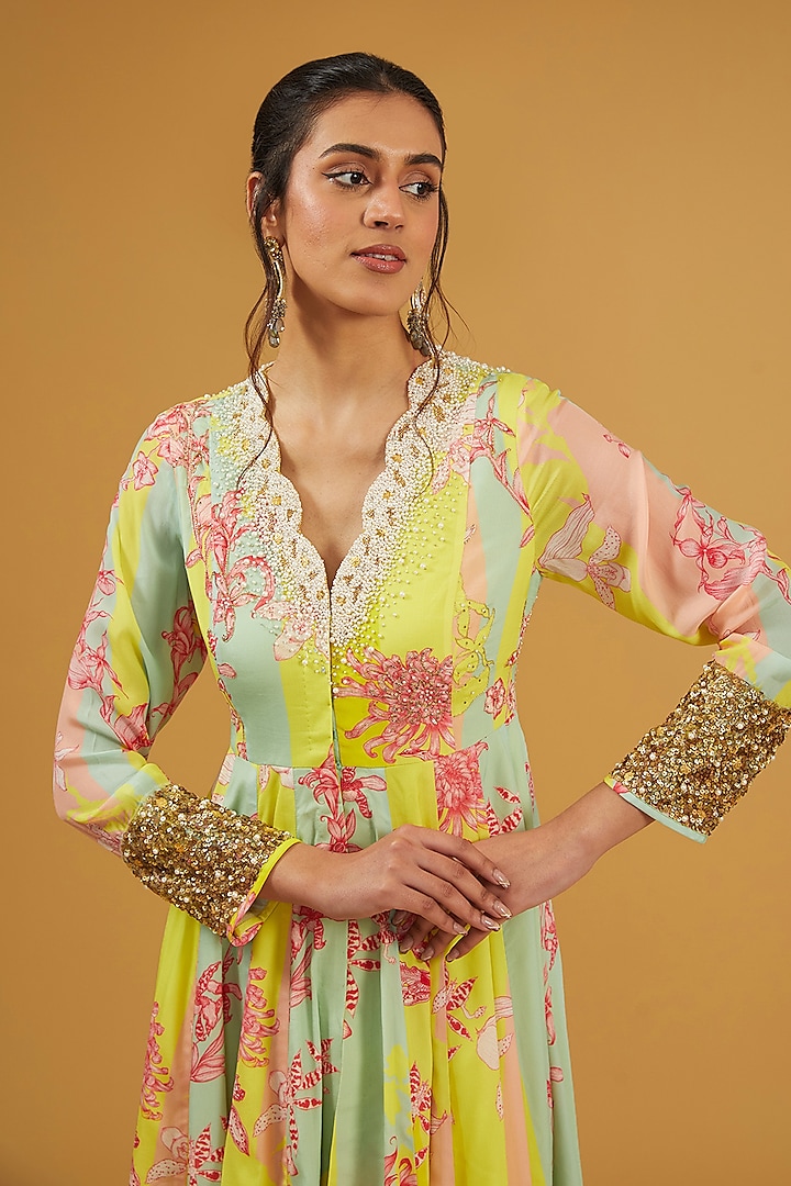 Lime Yellow & Powder Pink Crepe Hand Embroidered Front Slit Wedding Anarkali Set by Raji Ramniq at Pernia's Pop Up Shop