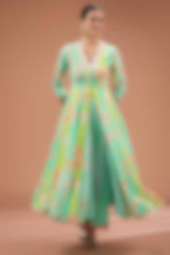 Firozi-Green Crepe Printed & Hand Embroidered Wedding Anarkali Set by Raji Ramniq at Pernia's Pop Up Shop