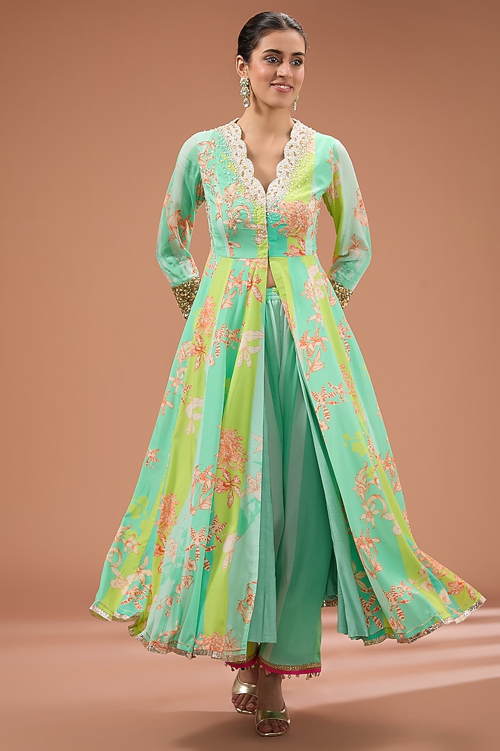 Firozi-Green Crepe Printed & Hand Embroidered Wedding Anarkali Set by Raji Ramniq at Pernia's Pop Up Shop