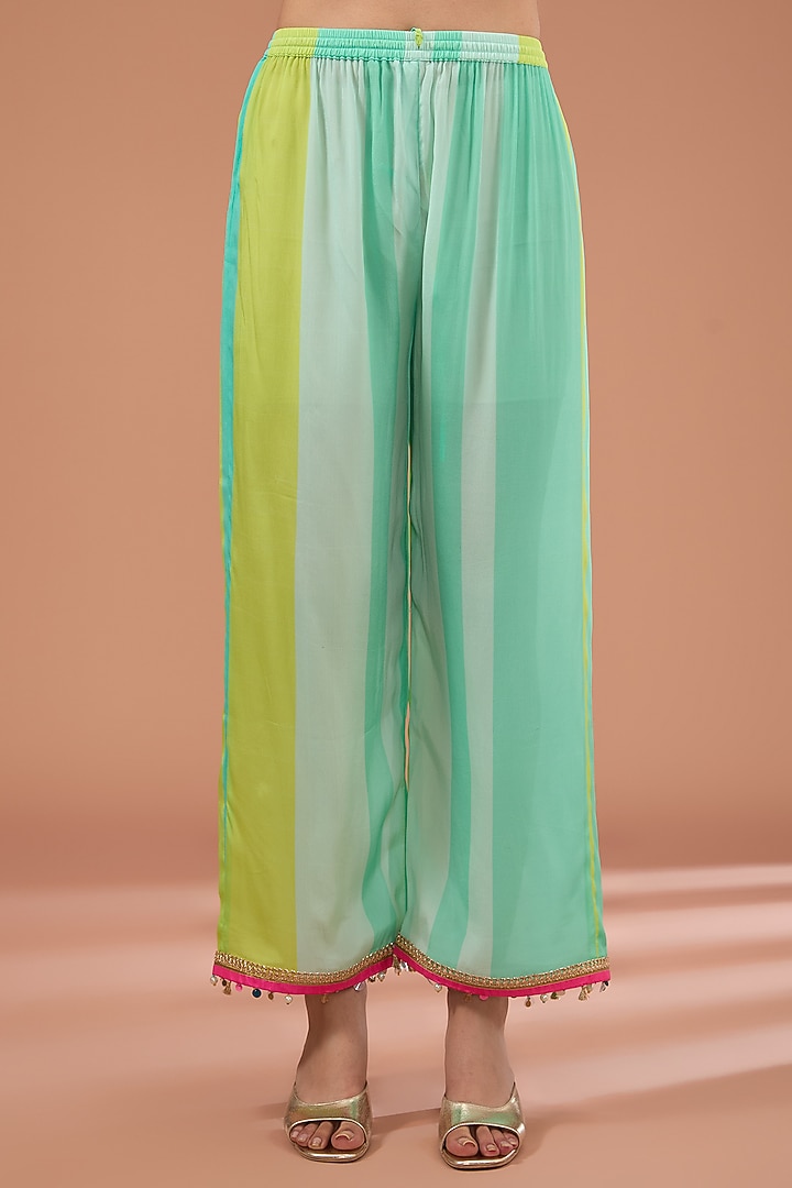 Firozi-Green Crepe Printed & Hand Embroidered Wedding Anarkali Set by Raji Ramniq at Pernia's Pop Up Shop