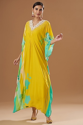 Yellow Crepe Embroidered & Printed Kaftan by Raji ramniq