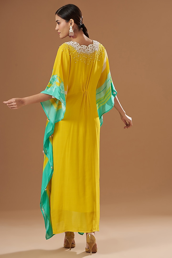 Yellow Crepe Embroidered & Printed Kaftan by Raji ramniq at Pernia's Pop Up Shop