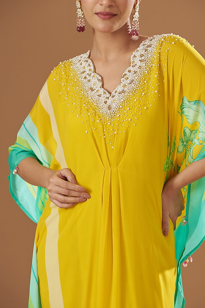 Yellow Crepe Embroidered & Printed Kaftan by Raji ramniq at Pernia's Pop Up Shop