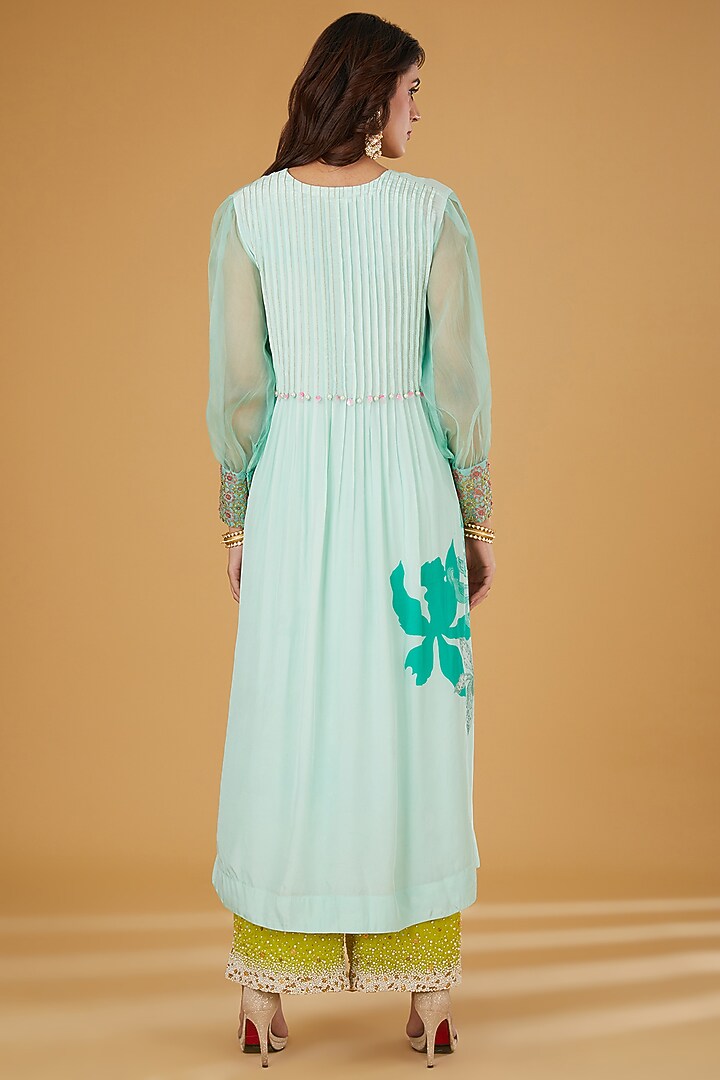 Sea Green Crepe Hand Embroidered Kurta Set by Raji ramniq at Pernia's Pop Up Shop