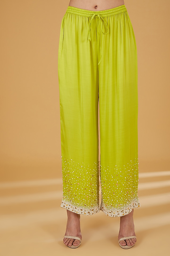 Sea Green Crepe Hand Embroidered Kurta Set by Raji ramniq at Pernia's Pop Up Shop