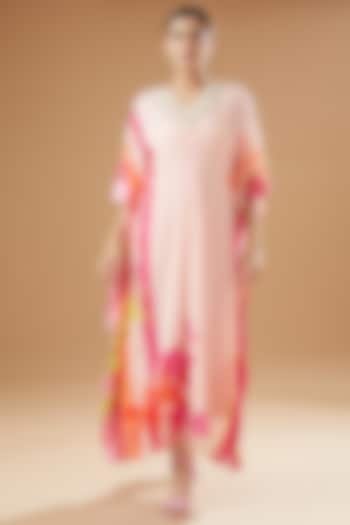 Nude Pink Crepe Embroidered & Printed Kaftan by Raji ramniq at Pernia's Pop Up Shop
