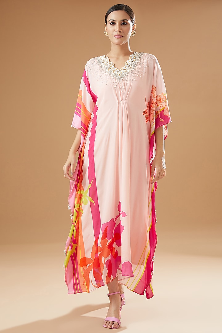 Nude Pink Crepe Embroidered & Printed Kaftan by Raji ramniq at Pernia's Pop Up Shop