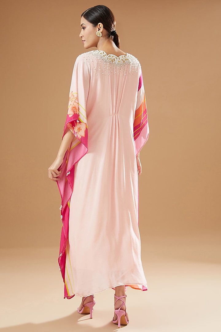 Nude Pink Crepe Embroidered & Printed Kaftan by Raji ramniq at Pernia's Pop Up Shop