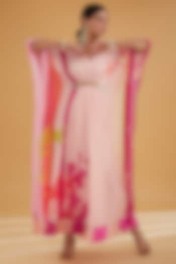 Nude Pink Crepe Printed & Hand Embroidered Kaftan by Raji Ramniq at Pernia's Pop Up Shop