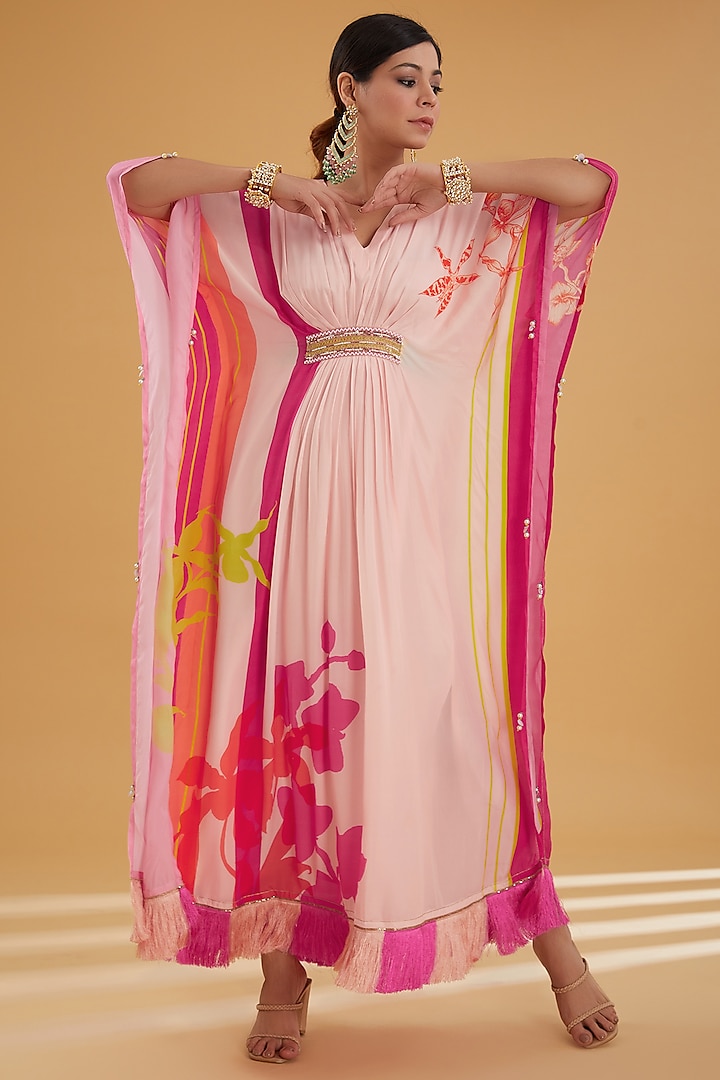 Nude Pink Crepe Printed & Hand Embroidered Kaftan by Raji Ramniq at Pernia's Pop Up Shop